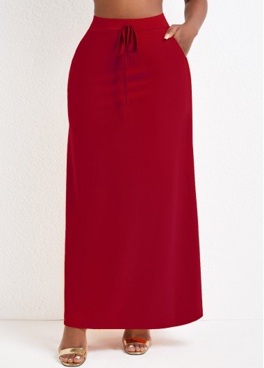 Pocket Wine Red Drawastring A Line Maxi Skirt