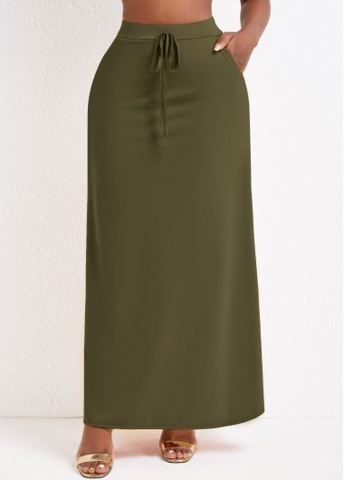 Pocket Olive Green Drawastring A Line Maxi Skirt