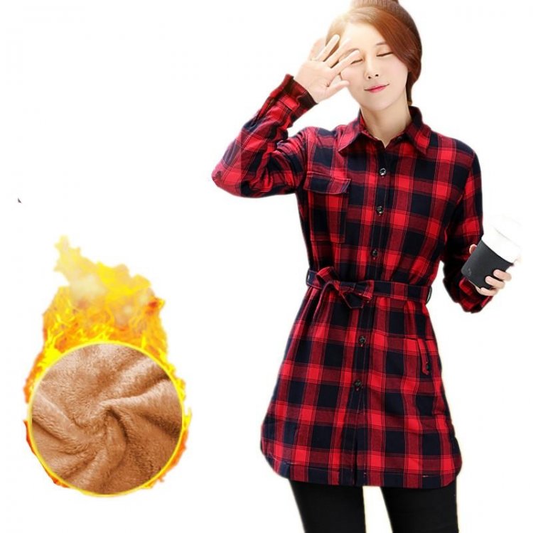 Plaid Shirts Female Winter Warm Thick Velvet Tops Women Long Plaid Shirt Coat Flannel Cotton Plus Size Casual Clothing Bouses