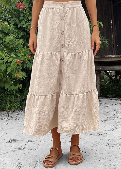 Button Beige Elastic Waist A Line Skirt