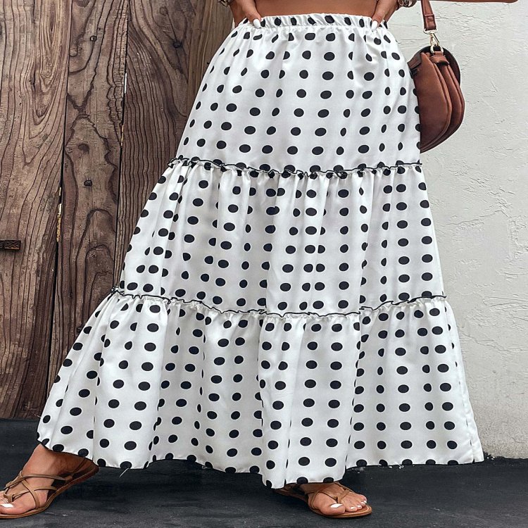 Ruched Polka Dot White Elastic Waist Skirt