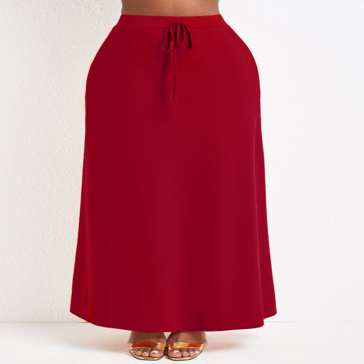 Pocket Wine Red Drawastring A Line Maxi Skirt