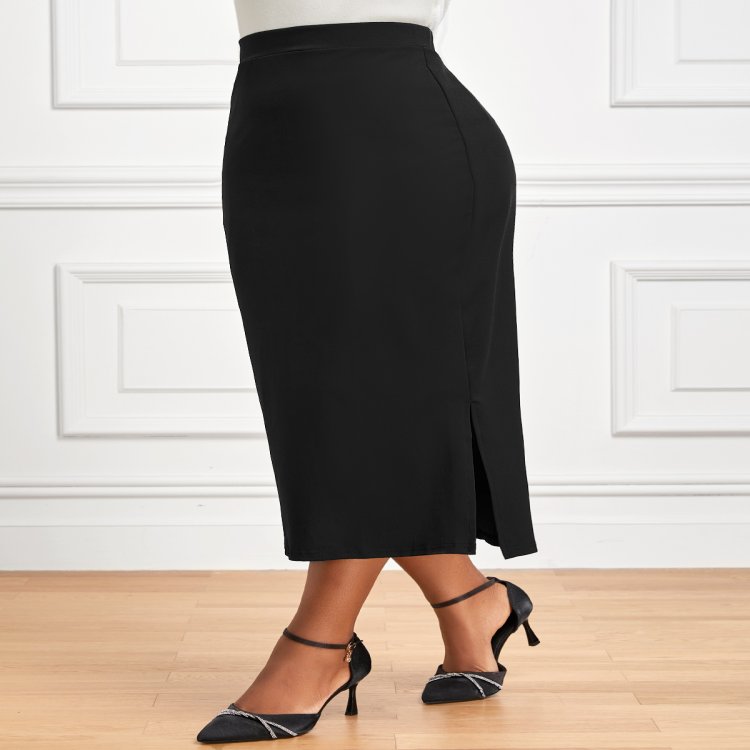 Side Split Black Elastic Waist Bodycon Skirt