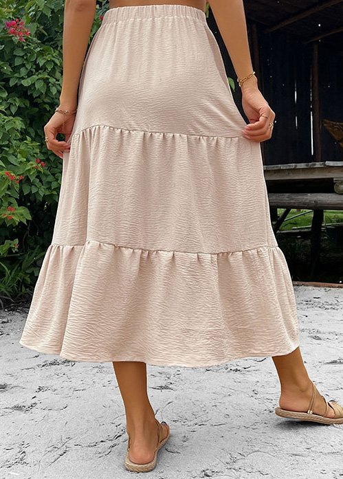 Button Beige Elastic Waist A Line Skirt