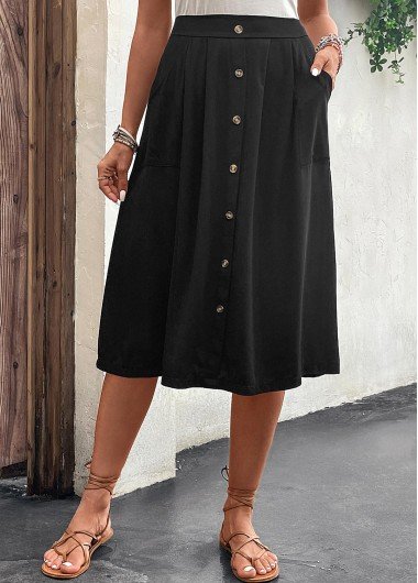 Button Black Elastic Waist A Line Skirt