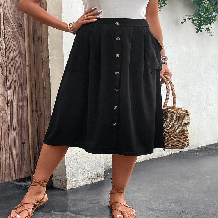 Button Black Elastic Waist A Line Skirt