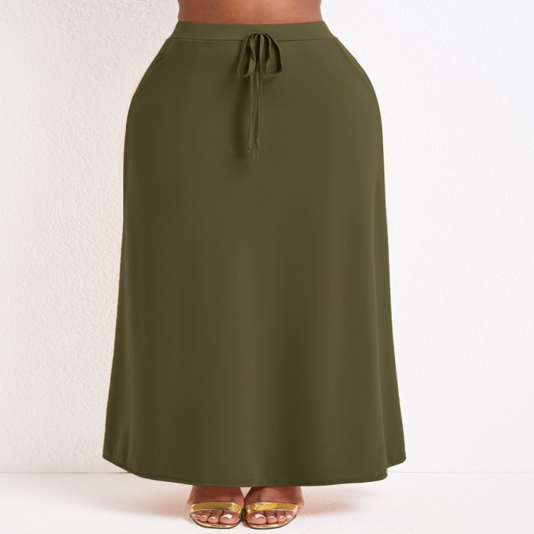 Pocket Olive Green Drawastring A Line Maxi Skirt