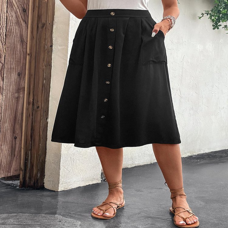 Button Black Elastic Waist A Line Skirt