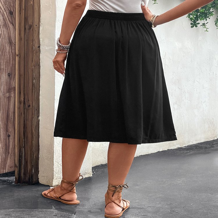 Button Black Elastic Waist A Line Skirt