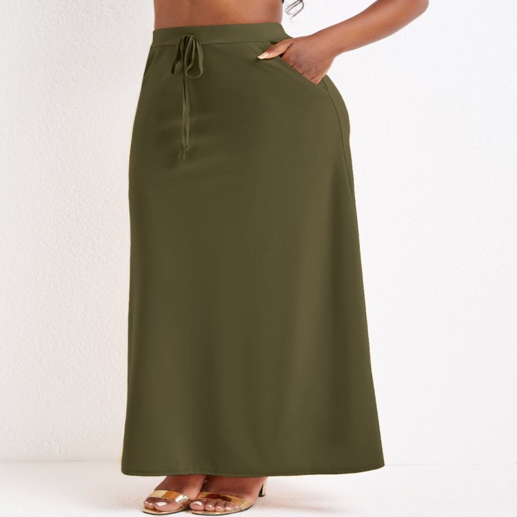 Pocket Olive Green Drawastring A Line Maxi Skirt