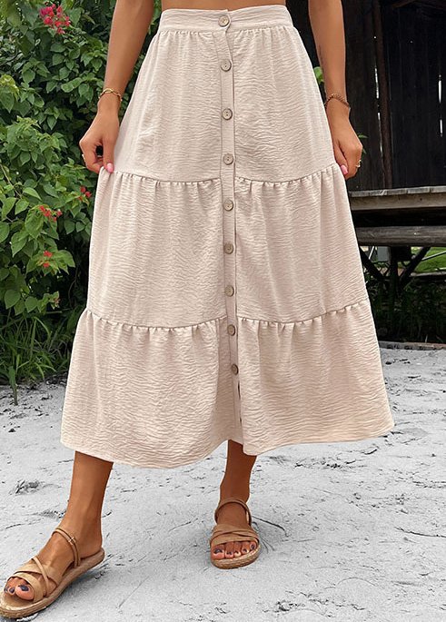 Button Beige Elastic Waist A Line Skirt