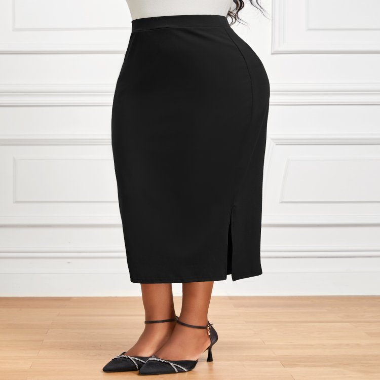Side Split Black Elastic Waist Bodycon Skirt